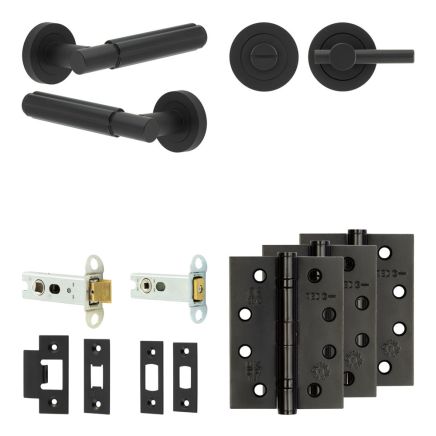 Complete Bloom Door Handle Pack - Heavy Duty Tubular Bathroom (Plain Thumb Turn) - Matt Black - 76mm / 4-inch Hinges - JE-B31A2-MB