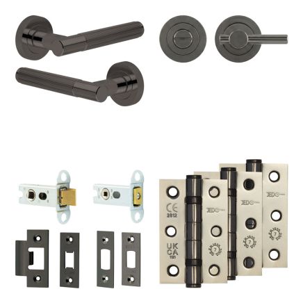 Complete Venice Door Handle Pack - Heavy Duty Tubular Bathroom (Plain Thumb Turn) - Black Nickel - 64mm / 3-inch Hinges - JE-F30B2-BN