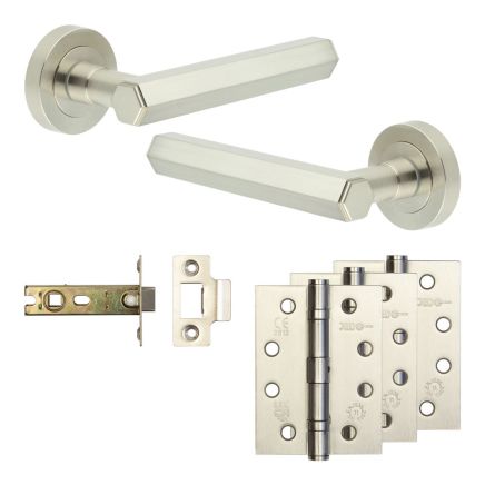 Complete Hex Door Handle Pack - Internal Doors - Satin Nickel - 76mm / 4-inch Hinges - JE-C3A-SN