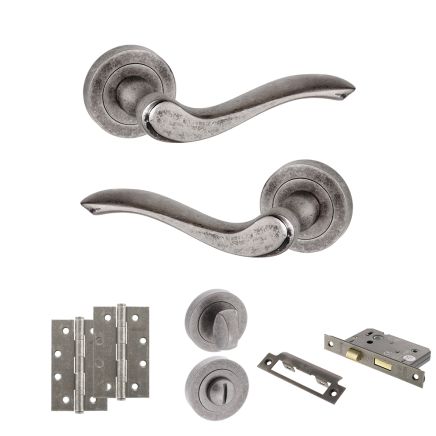 Old English Warwick Door Handle Pack (Bathroom Set - 3" CE Bathroom Lock, 4" Slim Knuckle Hinges x2) - Distressed Silver