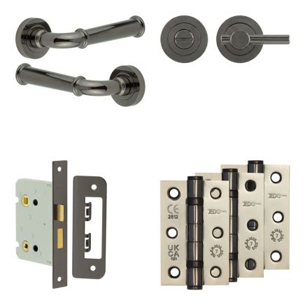 Complete Classic Door Handle Pack - Bathroom Lock (Plain Thumb Turn) - Black Nickel - 76mm / 3-inch Hinges - JE-A6B2-BN