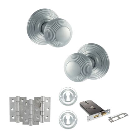 Old English Ripon Door Knob Pack (Lock Set - Horizontal Sashlock, 3" Fire Rated Hinges x3) - Satin Chrome