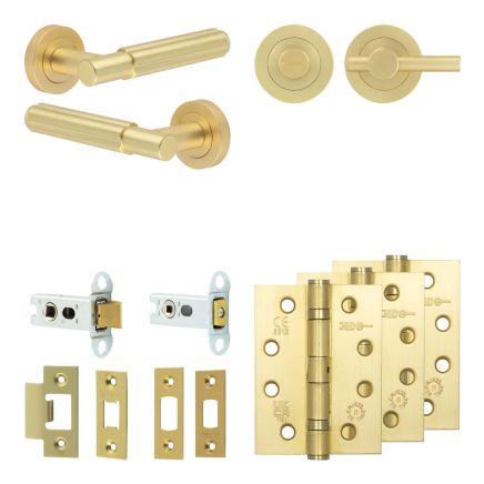 Complete Bloom Door Handle Pack - Heavy Duty Tubular Bathroom (Plain Thumb Turn) - Satin Brass - 64mm / 4-inch Hinges - JE-B30A2-SB