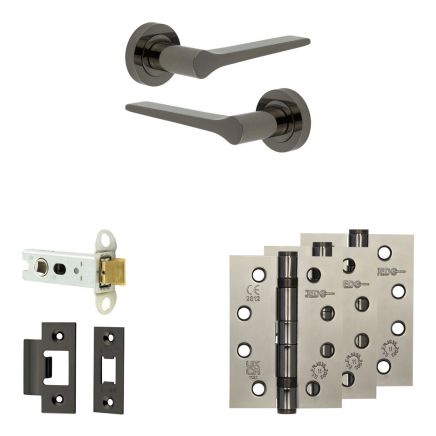 Complete Gio Door Handle Pack - Heavy Duty Latch - Black Nickel - 76mm / 4-inch Hinges - JE-E21A-BN