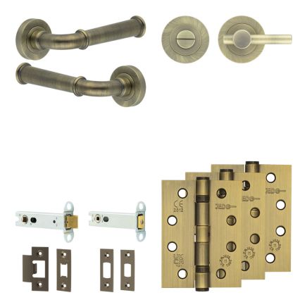 Complete Classic Door Handle Pack - Heavy Duty Tubular Bathroom (Plain Thumb Turn) - Antique Brass - 102mm / 4-inch Hinges - JE-A32A2-AB