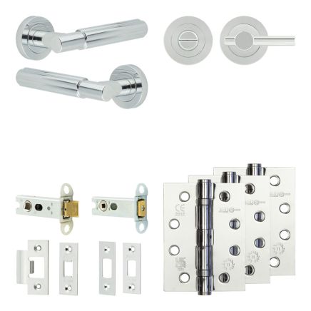 Complete Bloom Door Handle Pack - Heavy Duty Tubular Bathroom (Plain Thumb Turn) - Polished Chrome - 76mm / 4-inch Hinges - JE-B31A2-PC