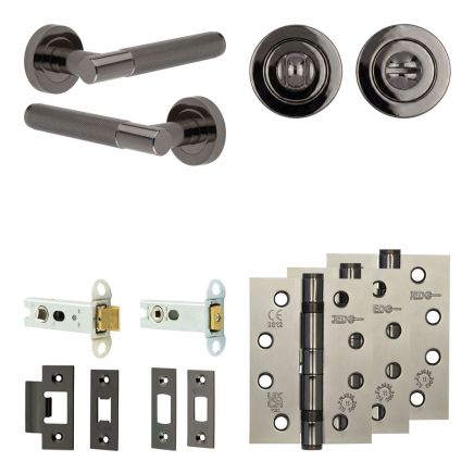 Complete Bari Door Handle Pack - Heavy Duty Tubular Bathroom (Standard Thumb Turn) - Black Nickel - 76mm / 4-inch Hinges - JE-D31A3-BN