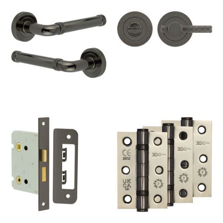 Complete Midtown Door Handle Pack - Bathroom Lock (Knurled Thumb Turn) - Black Nickel - 76mm / 3-inch Hinges - JE-G6B1-BN