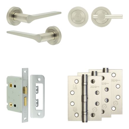 Complete Gio Door Handle Pack - Bathroom Lock (Plain Thumb Turn) - Satin Nickel - 76mm / 4-inch Hinges - JE-E6A2-SN