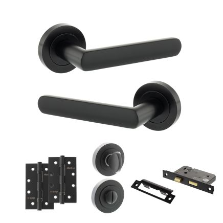 STATUS Carolina Door Handle Pack (Bathroom Set - 3" CE Bathroom Lock, 4" Slim Knuckle Hinges x2) - Matt Black