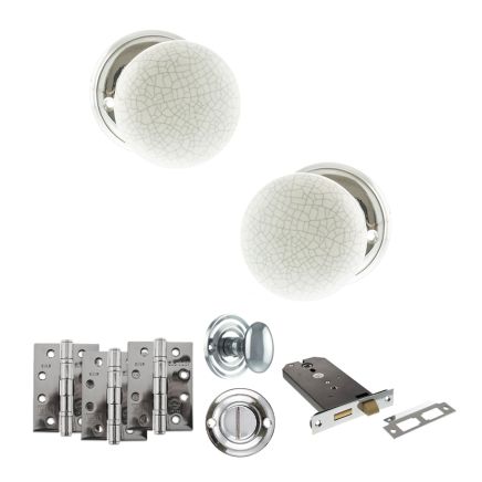 Old English Skipton Door Knob Pack (Lock Set - Horizontal Bathlock, 4" Fire Rated Hinges x3) - Polished Chrome
