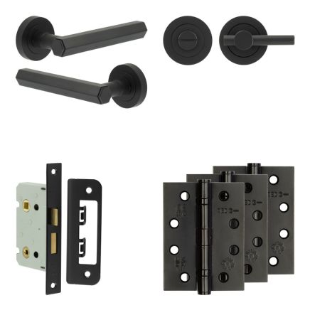 Complete Hex Door Handle Pack - Bathroom Lock (Plain Thumb Turn) - Matt Black - 65mm / 4-inch Hinges - JE-C5A2-MB