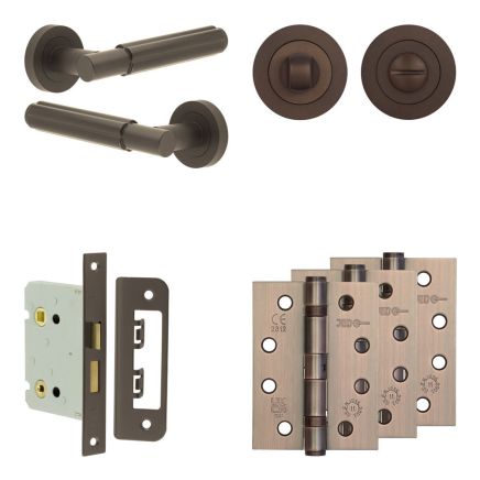 Complete Bloom Door Handle Pack - Bathroom Lock (Standard Thumb Turn) - Dark Bronze - 76mm / 4-inch Hinges - JE-B6A3-DB