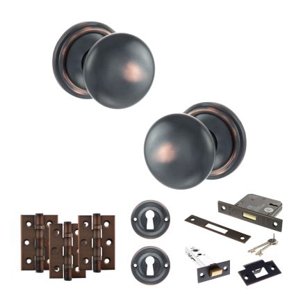Old English Harrogate Door Knob Pack (Lock Set - 3" Latch & Deadlock, 3" Fire Rated Hinges x3) - Antique Copper