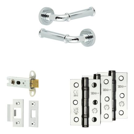 Complete Classic Door Handle Pack - Heavy Duty Latch - Polished Chrome - 76mm / 3-inch Hinges - JE-A21B-PC