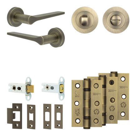Complete Gio Door Handle Pack - Heavy Duty Tubular Bathroom (Standard Thumb Turn) - Antique Brass - 64mm / 3-inch Hinges - JE-E30B3-AB
