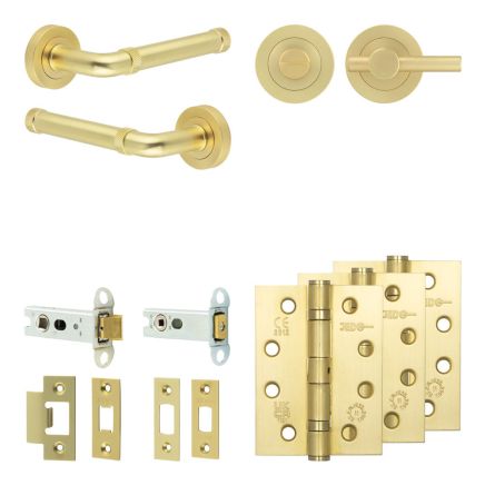 Complete Midtown Door Handle Pack - Heavy Duty Tubular Bathroom (Plain Thumb Turn) - Satin Brass - 76mm / 4-inch Hinges - JE-G31A2-SB