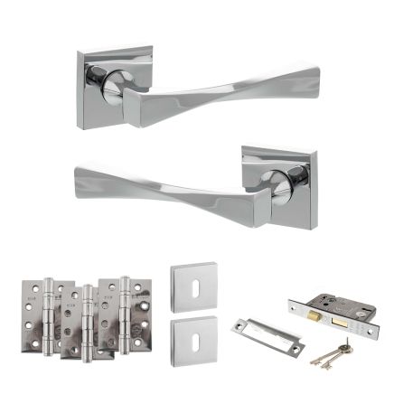 Senza Pari Guido Door Handle Pack (3 Lever Lock Set - 3" CE Sashlock, 4" Fire Rated Hinges x3) - Polished Chrome
