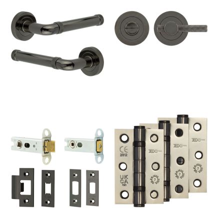 Complete Midtown Door Handle Pack - Heavy Duty Tubular Bathroom (Knurled Thumb Turn) - Black Nickel - 76mm / 3-inch Hinges - JE-G31B1-BN