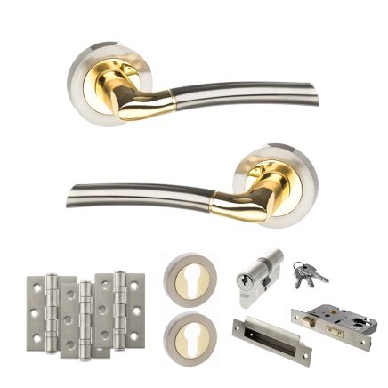 STATUS Indiana Door Handle Pack (Euro Lock Set - 2.5" CE Sashlock, 3" Fire Rated Hinges x3) - Satin Nickel/Polished Brass