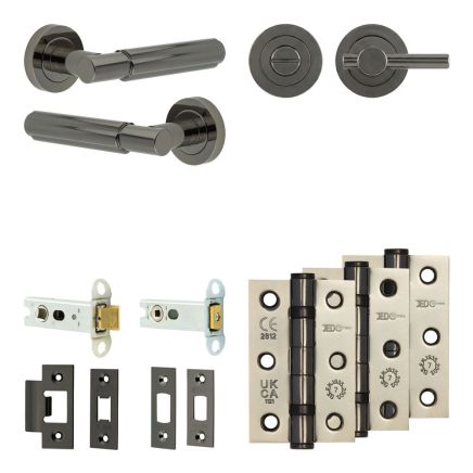 Complete Bloom Door Handle Pack - Heavy Duty Tubular Bathroom (Plain Thumb Turn) - Black Nickel - 76mm / 3-inch Hinges - JE-B31B2-BN