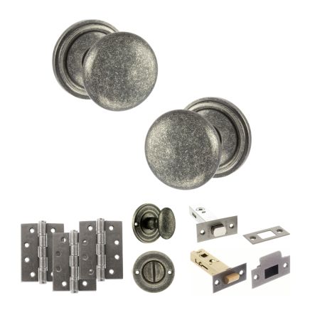 Old English Harrogate Door Knob Pack (Bathroom Set - 3" Deadbolt, 4" Fire Rated Hinges x3) - Distressed Silver