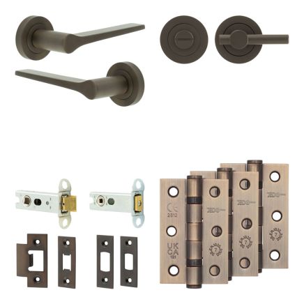 Complete Gio Door Handle Pack - Heavy Duty Tubular Bathroom (Plain Thumb Turn) - Dark Bronze - 76mm / 3-inch Hinges - JE-E31B2-DB