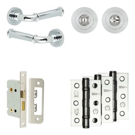 Complete Classic Door Handle Pack - Bathroom Lock (Standard Thumb Turn) - Polished Chrome - 65mm / 3-inch Hinges - JE-A5B3-PC