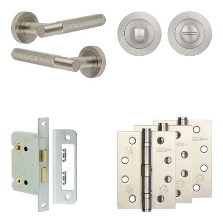 Complete Bari Door Handle Pack - Bathroom Lock (Standard Thumb Turn) - Satin Nickel - 76mm / 4-inch Hinges - JE-D6A3-SN