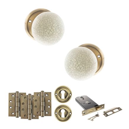 Old English Skipton Door Knob Pack (Lock Set - Horizontal Sashlock, 4" Fire Rated Hinges x3) - Antique Brass