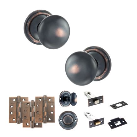 Old English Harrogate Door Knob Pack (Bathroom Set - 3" Deadbolt, 4" Fire Rated Hinges x3) - Antique Copper