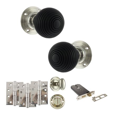 Old English Whitby Door Knob Pack (Lock Set - Horizontal Bathlock, 4" Fire Rated Hinges x3) - Polished Nickel