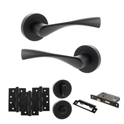 Eco Aqua Door Handle Pack (Bathroom Set - 2.5" CE Bathroom Lock, 4" Fire Rated Hinges x3) - Matt Black