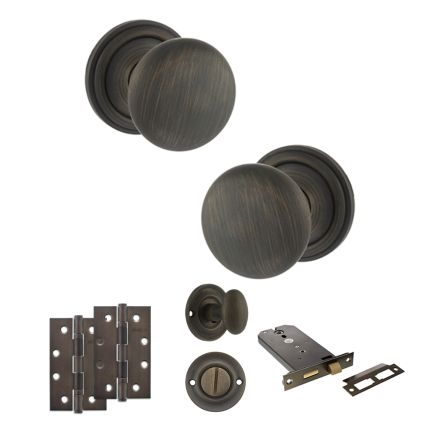 Old English Harrogate Door Knob Pack (Lock Set - Horizontal Bathlock, 4" Slim Knuckle Hinges x2) - Urban Bronze