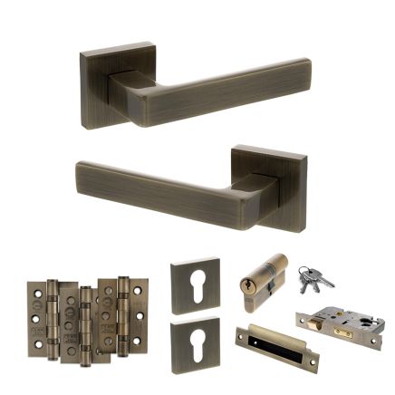 STATUS Montana Door Handle Pack (Euro Lock Set - 2.5" CE Sashlock, 3" Fire Rated Hinges x3) - Antique Brass
