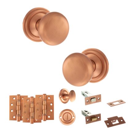 Old English Harrogate Door Knob Pack (Bathroom Set - 4" Deadbolt, 4" Fire Rated Hinges x3) - Urban Satin Copper