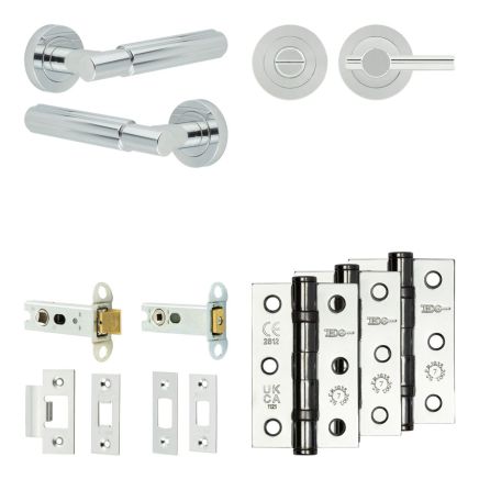 Complete Bloom Door Handle Pack - Heavy Duty Tubular Bathroom (Plain Thumb Turn) - Polished Chrome - 76mm / 3-inch Hinges - JE-B31B2-PC
