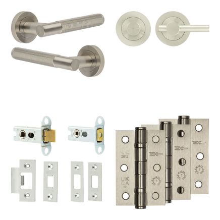 Complete Bari Door Handle Pack - Heavy Duty Tubular Bathroom (Plain Thumb Turn) - Satin Nickel - 64mm / 3-inch Hinges - JE-D30B2-SN