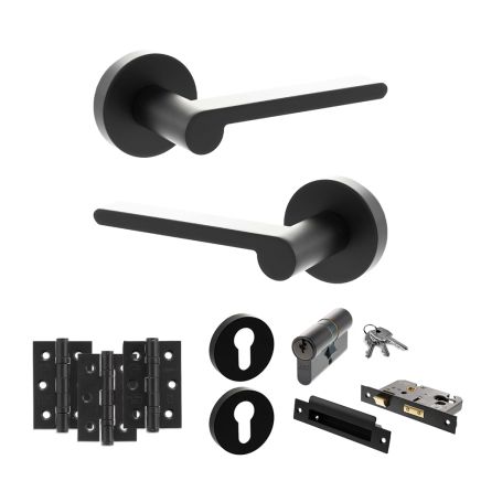 Senza Pari Darrio Door Handle Pack (Euro Lock Set - 2.5" CE Sashlock, 3" Fire Rated Hinges x3) - Matt Black