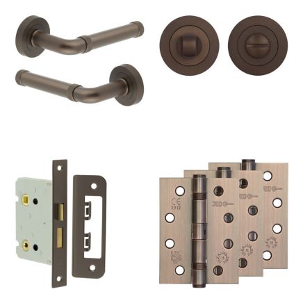 Complete Midtown Door Handle Pack - Bathroom Lock (Standard Thumb Turn) - Dark Bronze - 76mm / 4-inch Hinges - JE-G6A3-DB