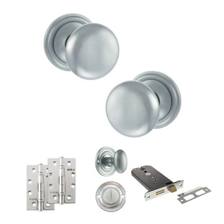 Old English Harrogate Door Knob Pack (Lock Set - Horizontal Bathlock, 4" Slim Knuckle Hinges x2) - Satin Chrome