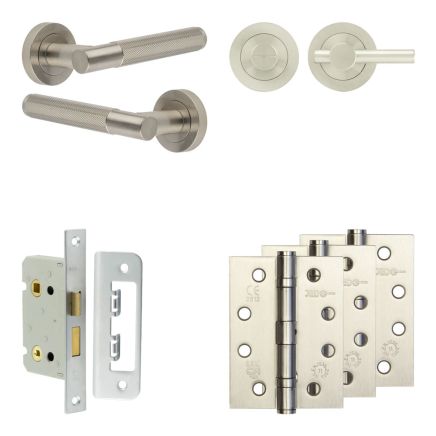 Complete Bari Door Handle Pack - Bathroom Lock (Plain Thumb Turn) - Satin Nickel - 65mm / 4-inch Hinges - JE-D5A2-SN