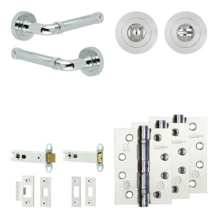 Complete Midtown Door Handle Pack - Heavy Duty Tubular Bathroom (Standard Thumb Turn) - Polished Chrome - 102mm / 4-inch Hinges - JE-G32A3-PC