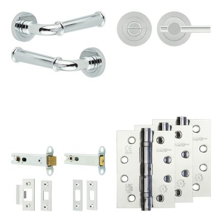 Complete Classic Door Handle Pack - Heavy Duty Tubular Bathroom (Plain Thumb Turn) - Polished Chrome - 102mm / 4-inch Hinges - JE-A32A2-PC