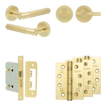 Complete Venice Door Handle Pack - Bathroom Lock (Plain Thumb Turn) - Satin Brass - 76mm / 4-inch Hinges - JE-F6A2-SB