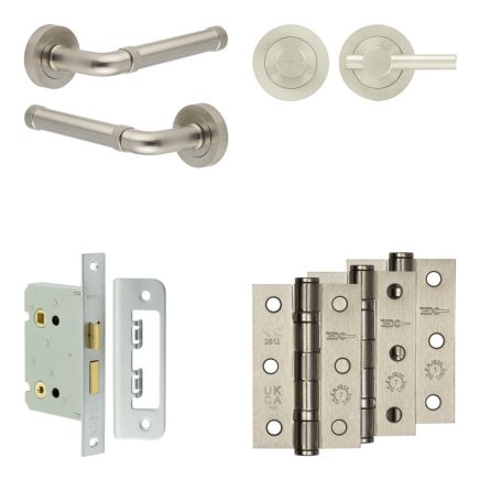 Complete Midtown Door Handle Pack - Bathroom Lock (Plain Thumb Turn) - Satin Nickel - 76mm / 3-inch Hinges - JE-G6B2-SN
