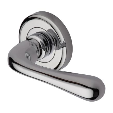 Heritage Brass Door Handle Lever Latch on Round Rose Charlbury Design Polished Chrome finish