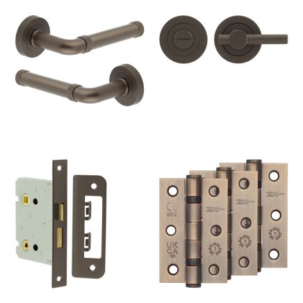 Complete Midtown Door Handle Pack - Bathroom Lock (Knurled Thumb Turn) - Dark Bronze - 76mm / 3-inch Hinges - JE-G6B1-DB