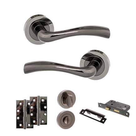 STATUS Texas Door Handle Pack (Bathroom Set - 3" CE Bathroom Lock, 4" Slim Knuckle Hinges x2) - Black Nickel