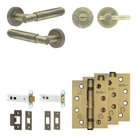 Complete Bloom Door Handle Pack - Heavy Duty Tubular Bathroom (Plain Thumb Turn) - Antique Brass - 102mm / 4-inch Hinges - JE-B32A2-AB